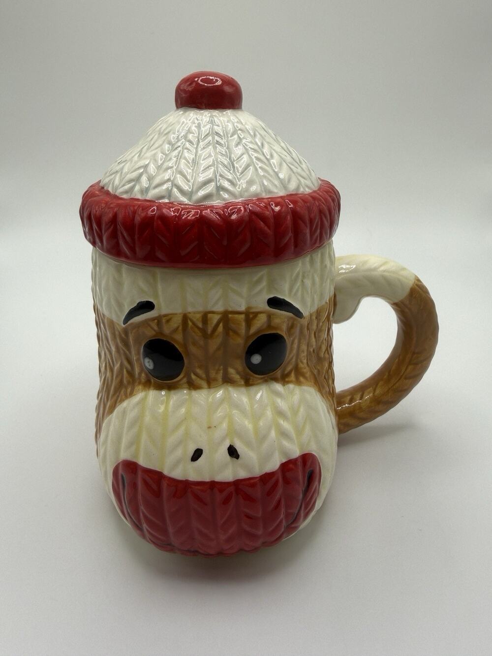 Vtg Sock Monkey Mug with Lid Ceramic Cable-Knit Texture Collectible Coffee Cup